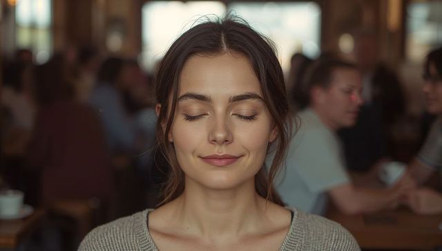 Young woman meditating with closed eyes in cozy cafe, serene portrait for wellness and lifestyle