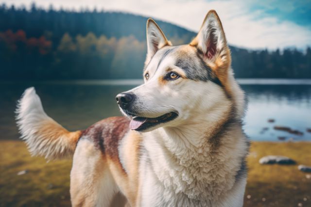 Husky dog sticking tongue out by the lake and forest created using generative ai technology. Animals, dog and pet concept digitally generated image.