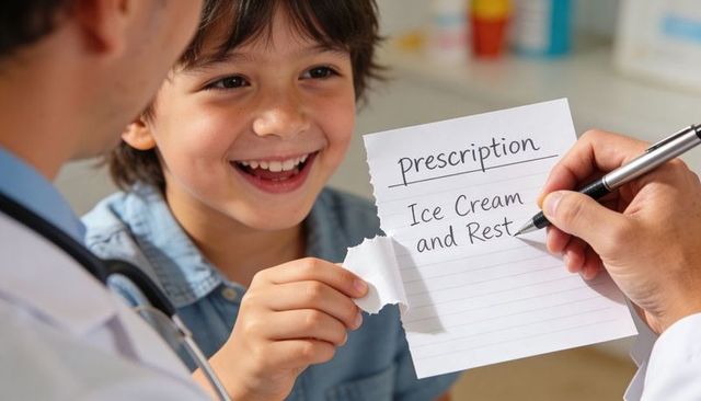 Pediatric prescription note for ice cream and rest with smiling boy and doctor in clinic