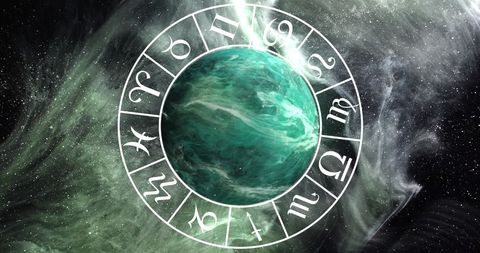 Green Planet and Zodiac Wheel in Cosmic Atmosphere