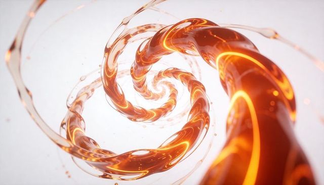 Spiraling amber-orange glassy helix with luminous filaments, specular glow, fluid motion