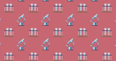 Seamless pattern of laboratory equipment icons on pink background