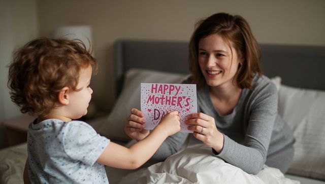 Toddler giving handmade happy mother's day card to smiling mom in cozy sunlit bed