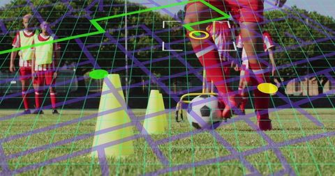 Teen Athlete Navigating Neon Grid Soccer Training