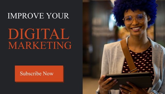Smiling businesswoman holding a tablet encourages viewers to subscribe to a digital marketing service. Ideal for use in advertisements, websites, or promotional materials highlighting digital marketing, online subscriptions, and professional services.