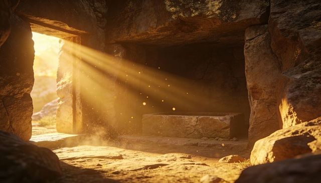Ancient rock chamber with sunbeams casting dust motes over stone slab