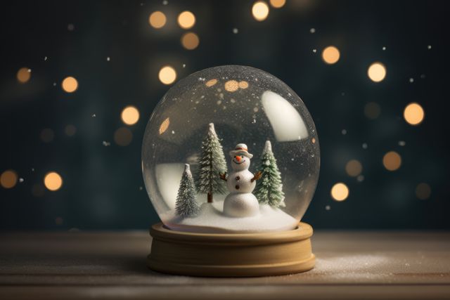 This image shows a mesmerizing snow globe featuring a cheerful snowman and miniature trees. Warm bokeh lights create a festive, cozy background. Ideal for seasonal greetings, holiday decorations, or festive marketing materials.