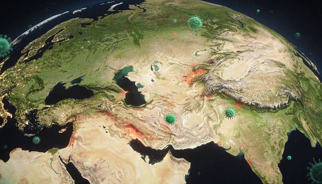 Eurasia orbit view showing virus markers and red hotspots mapping outbreak spread heatmap