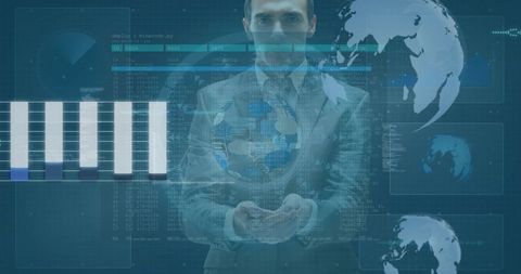 Businessman Interacting with Holographic World Map in Data Center - Download Free Stock Images Pikwizard.com