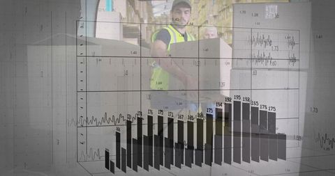 Warehouse logistics workers analyzing inventory efficiency with data
