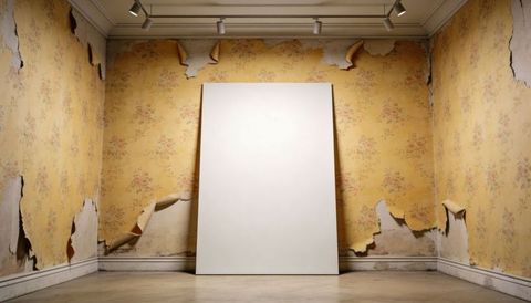 Blank canvas leaning against peeling yellow floral wallpaper with track lights