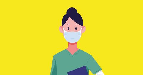 Healthcare worker with mask on vibrant yellow background