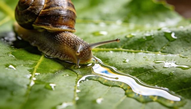 Crawling brown garden snail leaving glossy wet trail on green leaf with dewdrops