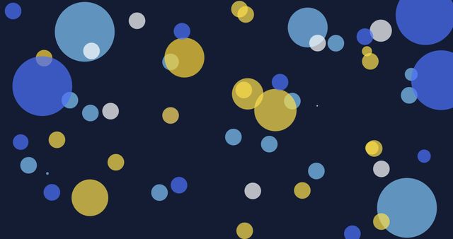 Abstract bokeh pattern of blue and yellow circles of various sizes on dark background. Ideal for use as a wallpaper, in graphic design projects, posters, invitations, and website backgrounds to create a vibrant, dynamic feel. This visual can enhance social media graphics, digital presentations, and promotional materials with a lively and modern touch.