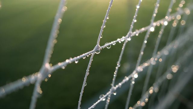 Glistening dew on white soccer net catching morning light with knotted strands and bokeh
