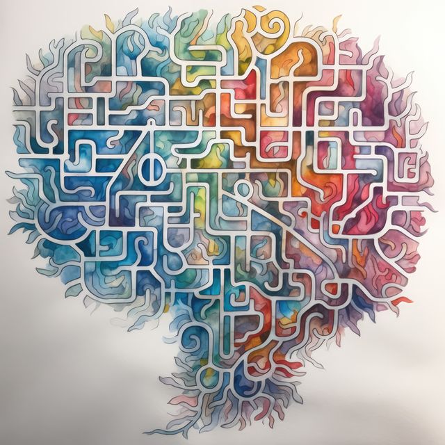 Intricate and colorful brain maze that uses vibrant watercolor. Ideal for illustrating creativity, problem solving, mental health concepts, and modern artwork. Can be used for educational materials, mental health campaigns, and creative industry giveaways.
