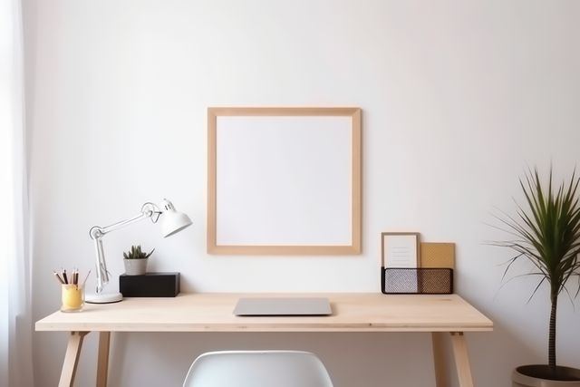 Simple and clean home office setup featuring a wooden desk, minimalist accessories, and blank wall frame in a light room. Ideal for websites and blogs focusing on home office inspiration, modern decor, or productivity tips.