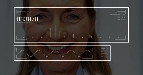 Senior woman with digital hud panels displaying analytics