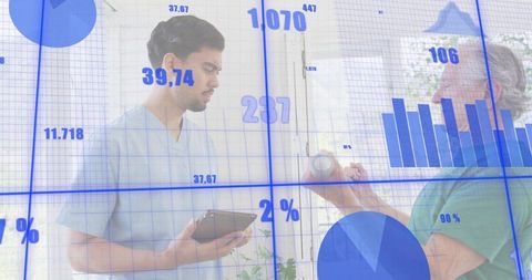 Clinician reviewing medication with senior at home with digital health analytics overlay