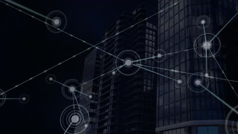 Digital Network Overlay on Modern Skyscrapers at Night