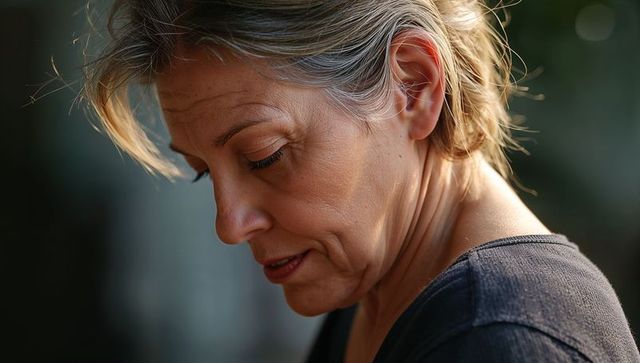 Senior woman tilting head and gazing downward in warm sunlight, intimate closeup portrait