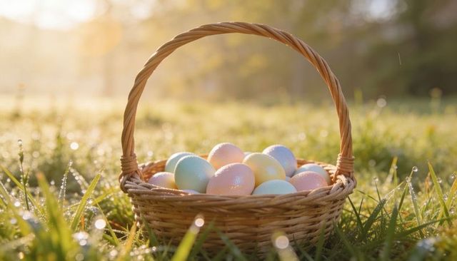 Sunlit easter basket glowing with pastel glitter eggs on dewy meadow at dawn