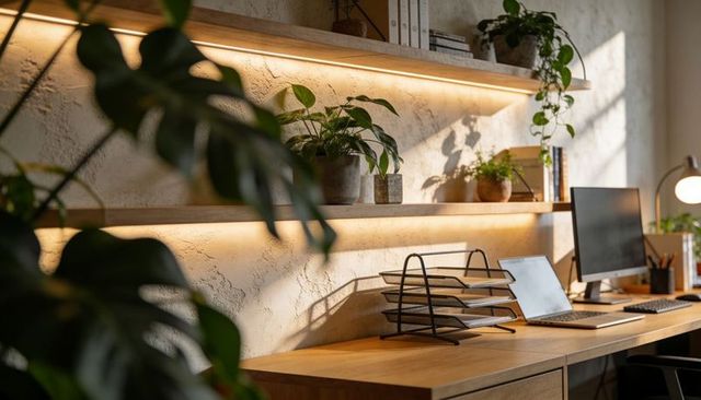 Minimalist home office with wooden desk, warm led shelves, plants and organized workspace