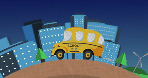 Whimsical School Bus Journey Beyond Cityscape