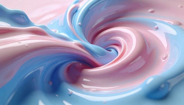 Swirling glossy pastel blue pink liquid vortex creating iridescent abstract smooth texture