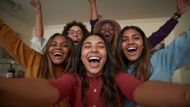 Laughing friends taking selfie together celebrating home gathering diverse young adults
