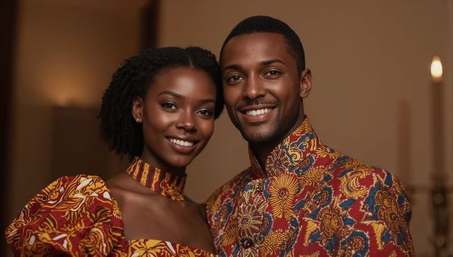 Smiling black couple wearing vibrant wax-print attire in candlelit intimate portrait