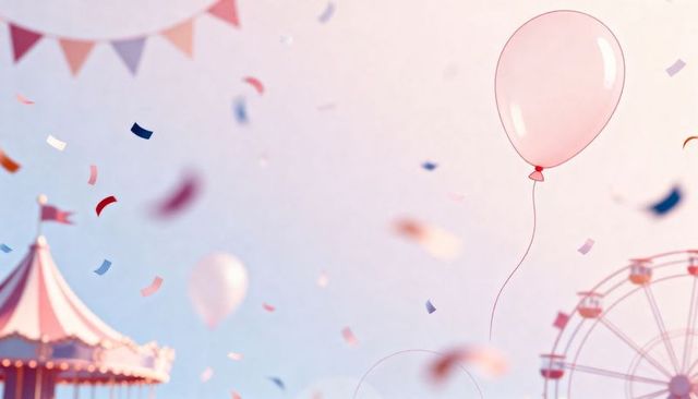 Dreamy pastel carnival with floating pink balloon, confetti, carousel and ferris wheel