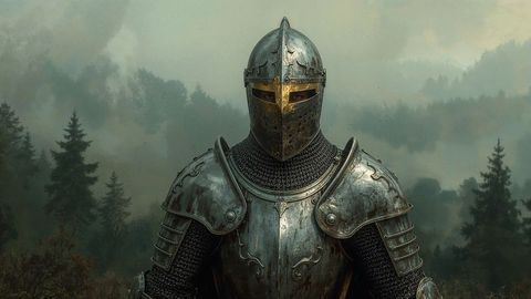 Medieval knight in armor standing in misty forest setting