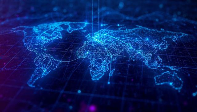 Futuristic digital world map with glowing connectivity