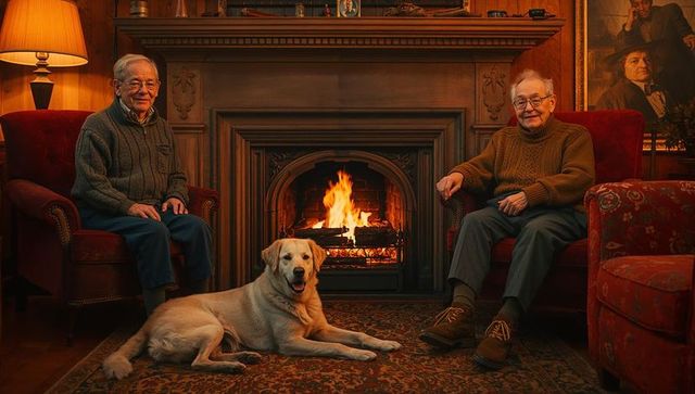 Elderly Friends Relaxing by Fireplace with Labrador