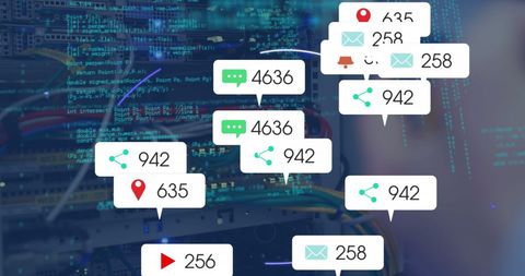 Social Media Icons Overlay on Server Technology Background - Download Free Stock Images Pikwizard.com