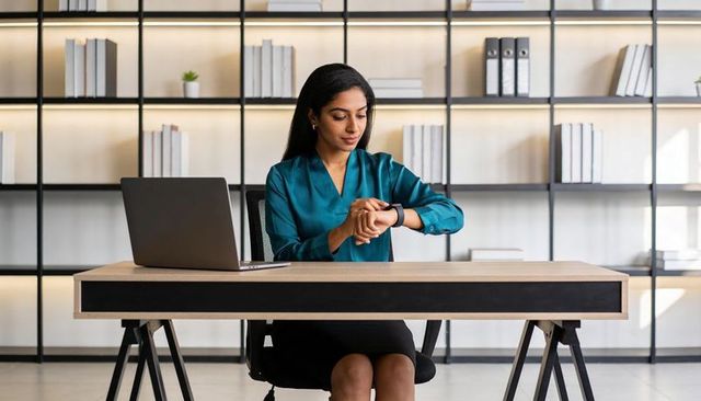 Professional woman checking smartwatch at minimalist desk with laptop in modern office