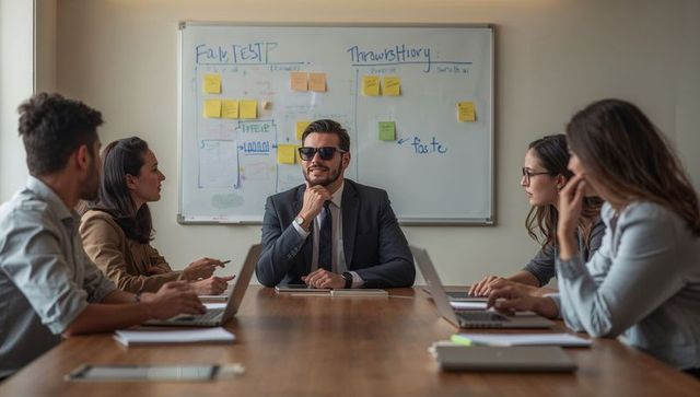Confident executive leading team during strategy meeting in boardroom with whiteboard