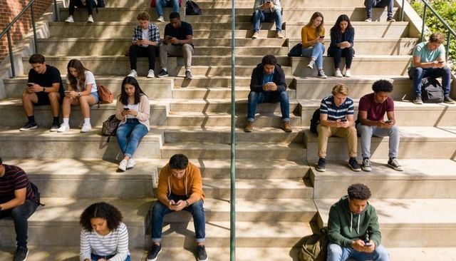 Students sitting on campus steps scrolling phones, college lifestyle and digital focus