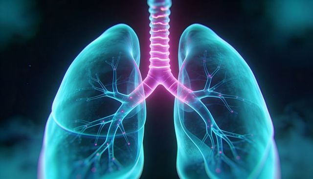 Neon 3D Lungs and Airway Anatomy Highlighting Bronchi Branching, Alveoli and Lymph Nodes