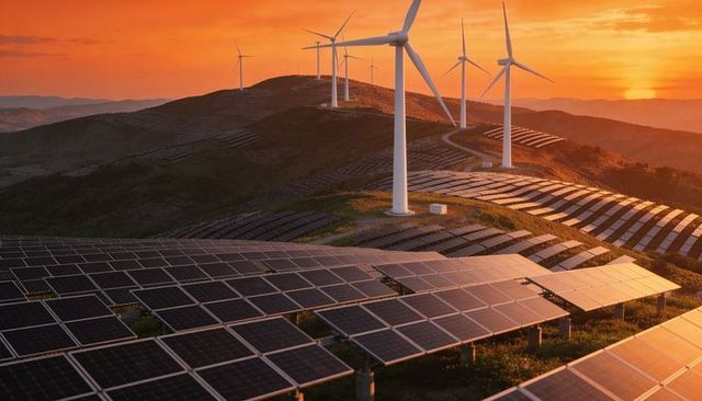 Sunset-lit solar farm and wind turbines on rolling hills for renewable energy