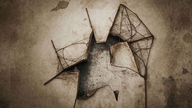 Rusted lath behind cracked plaster on textured interior wall