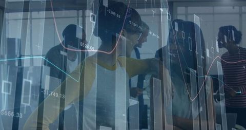 Team collaboration with overlaid financial charts in corporate office