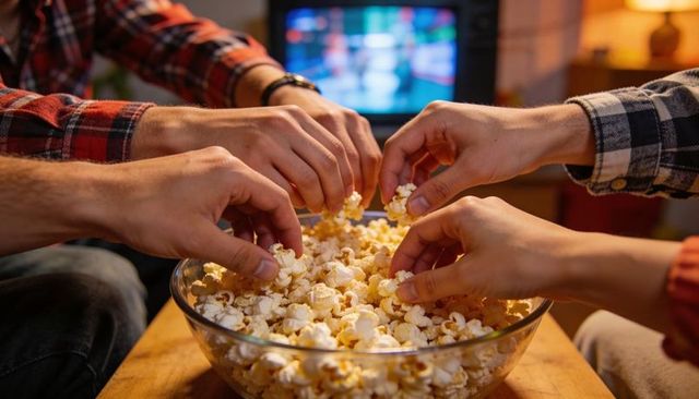 Friends reaching for popcorn from glass bowl during cozy movie night with warm lighting