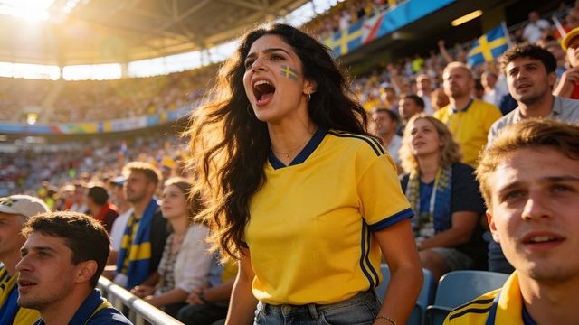 Cheering swedish fan wearing yellow jersey and flag face paint in sunlit stadium