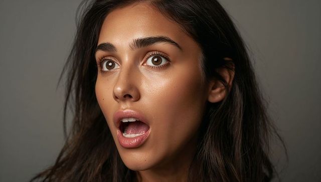 Surprised young woman close-up with glossy lips tousled hair neutral backdrop headshot