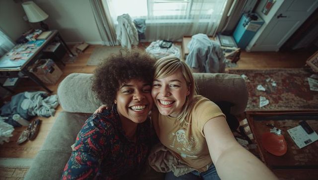 Joyful friends taking selfie in cozy, cluttered living room