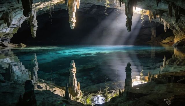 Sunlit turquoise cenote cavern with stalactites, stalagmite reflections and sunbeams