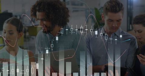 Young professionals in an office setting, surrounded by financial graphs and data, collaborating with digital devices. This composition symbolizes modern business, teamwork, and the integration of technology in financial analysis. It works well for articles on business analytics, corporate strategy, teamwork in finance, or technology's role in business.