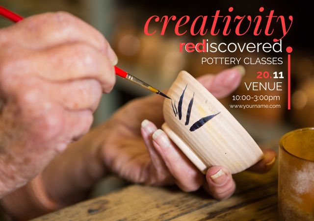 Close-up image of hands painting a ceramic bowl, highlighting artistic skills and craftsmanship. Ideal for promoting pottery classes, art workshops, and craft fairs. Suitable for use in brochures, online advertisements, and event announcements that focus on creativity and handmade techniques.